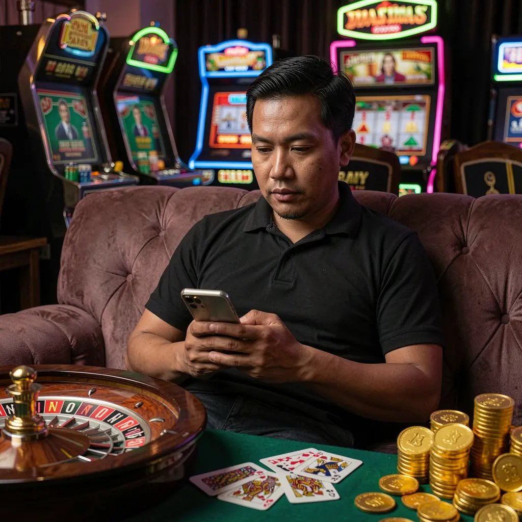 Focused Filipino player using the WORLDCUPLUCKY casino app on his phone with glowing roulette wheels and gold coins around him