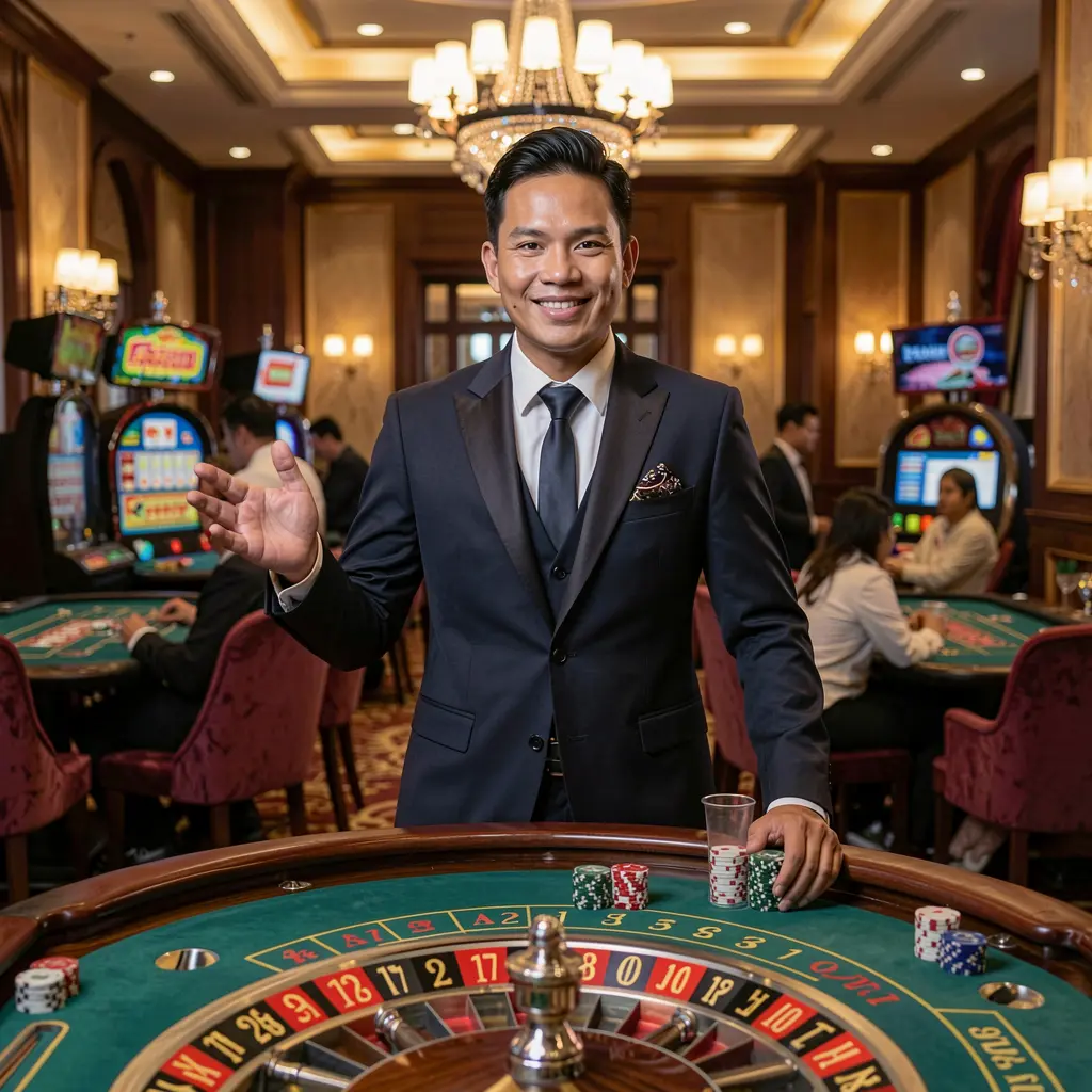 Confident live casino dealer at a roulette table inside a luxury casino atmosphere, representing the high quality live games available at WORLDCUPLUCKY in the Philippines