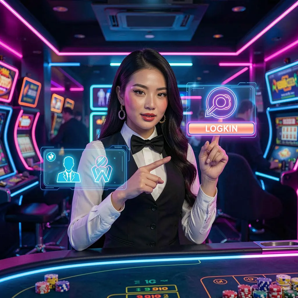 Stylish female casino dealer pointing at a glowing digital login button inside a futuristic WORLDCUPLUCKY casino interface for the Philippines